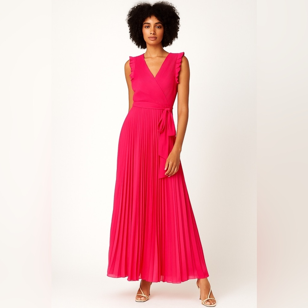 TAYLOR Hot Pink Belted Pleated Plisse Maxi Dress V Neck